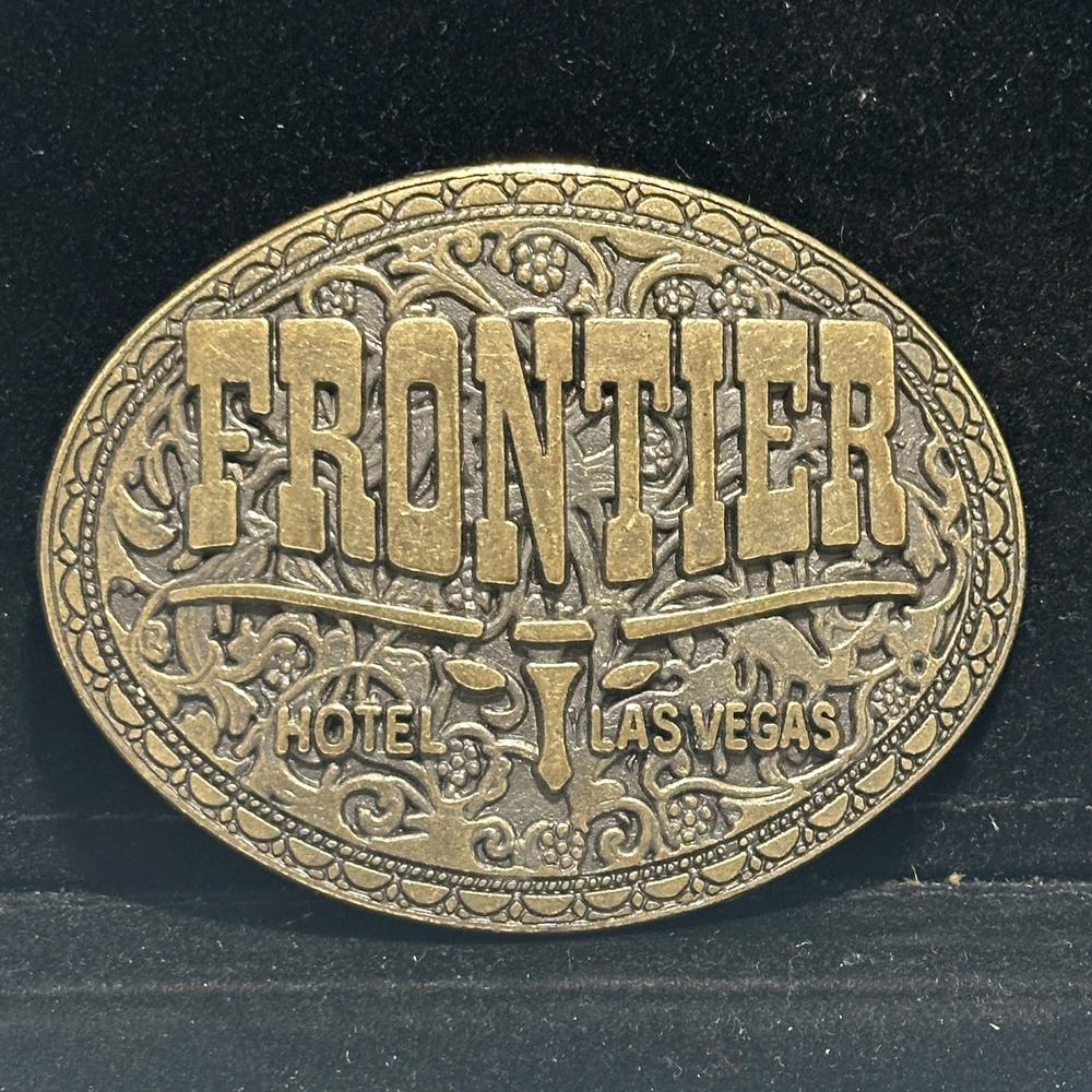 Frontier Hotel Las Vegas Nevada Vintage Casino Souvenir Belt Buckle Brass Tone